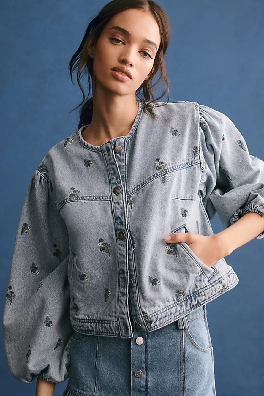 Pilcro Womens 3X Collarless Embroidered Denim Swing Jacket Floral Minimalist